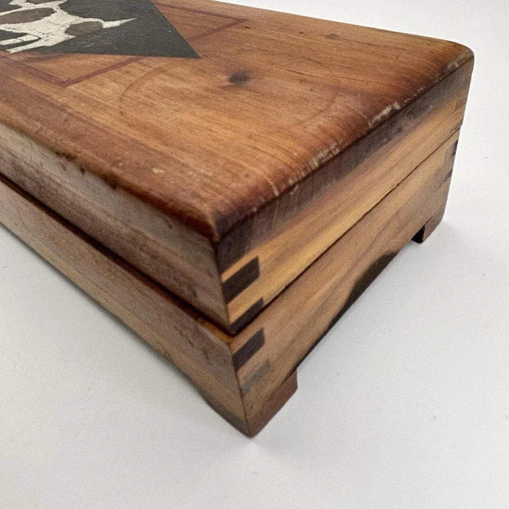 Vtg Wooden Jewelry / Trinket Box Dove Tail Joints Mirrored Dog Terrier HandPaint